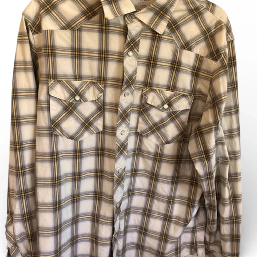 Banana Republic Men’s White Grey Yellow Western Pearl Button Snap Shirt Medium